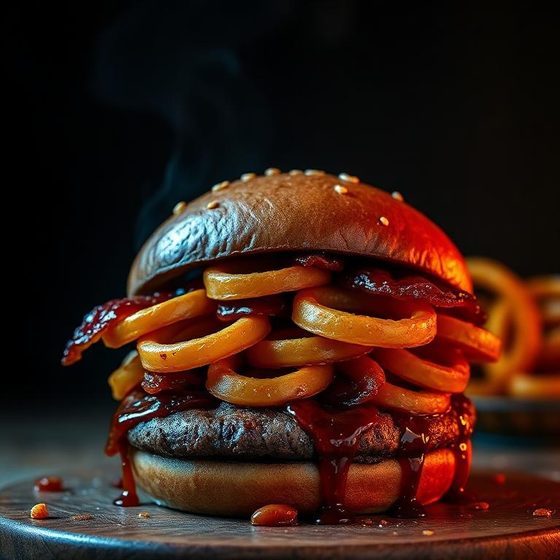 BBQ Beast burger — Hickory, onion rings, bourbon glaze.