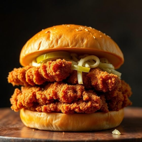 Chicken Crunch burger — Buttermilk brined, shatter crust.
