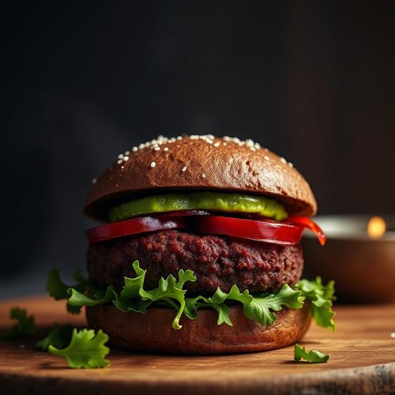 Veg Supreme burger — Beetroot & black bean patty.
