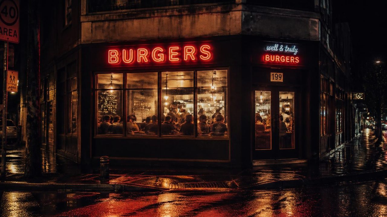 Juicy Burgers storefront glowing on a rain-soaked street at night